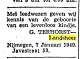 Kennisgeving geboorte levenloos kind van echtpaar Terhorst-Landsheer.